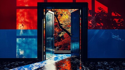 Graphic of an open door leading to a colorful autumn forest