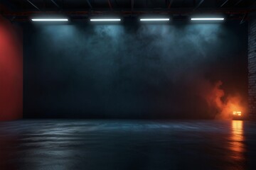 Naklejka premium Concrete stage, spotlights shining with colored light, fog, special effects, background, copy space.