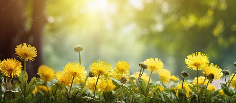 Poster Dandelions in yellow bloom against a backdrop of lush greenery, creating a picturesque scene with copy space image.