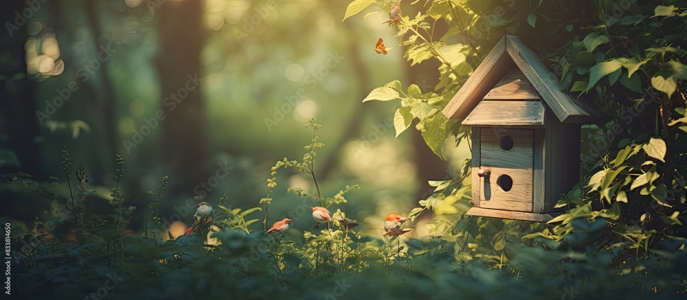 Poster a charming scene with a birdhouse nestled among tall trees, creating a peaceful natural environment 