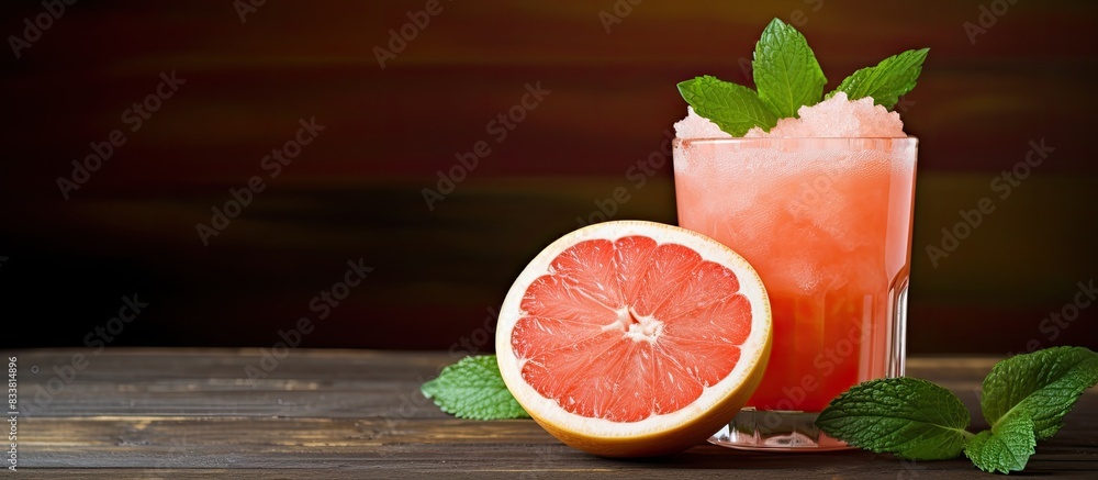 Poster selective focus on organic grapefruit juice with mint, crushed ice, set against a wooden backdrop en
