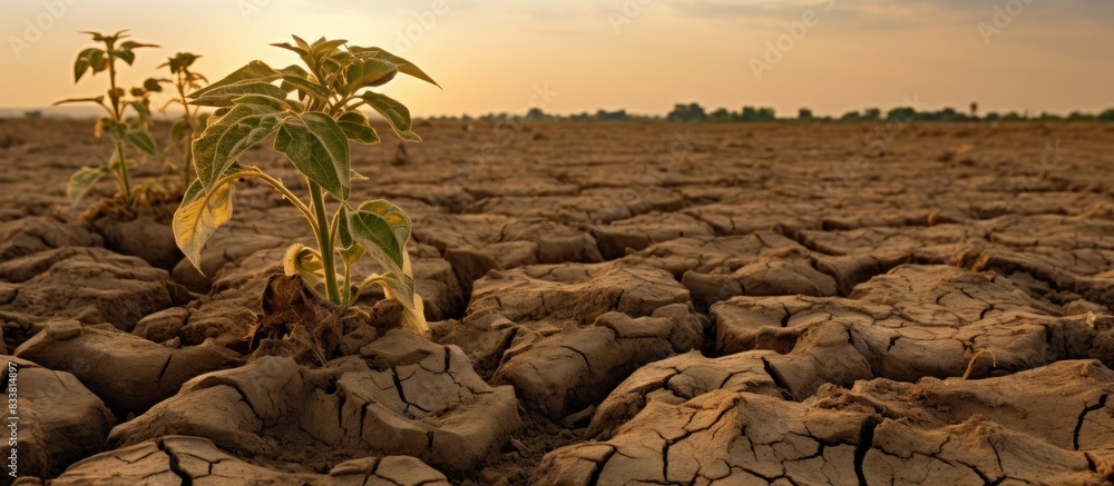 Poster potato plants withering due to lack of water, in cracked soil during a dry spell impacted by climate