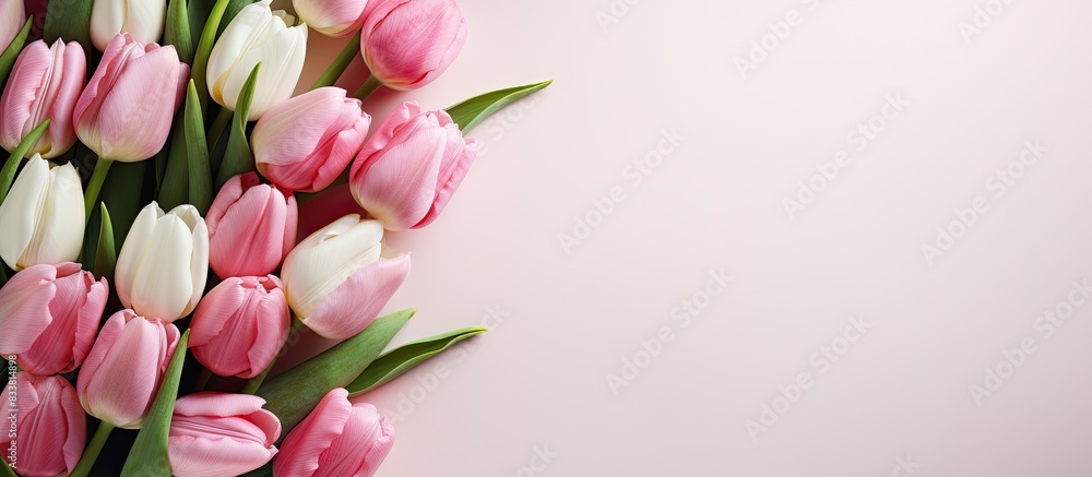 Aufkleber a stunning arrangement of pink tulips with a backdrop of white roses and a copy space image for text