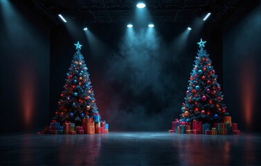 Christmas tree on the stage, smoke, spotlights, background.