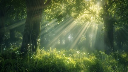 Obraz premium Design a whimsical forest scene with rays of sunlight filtering through the trees