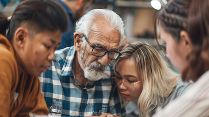 Young and senior employees working together, solving a task in a workforce development program