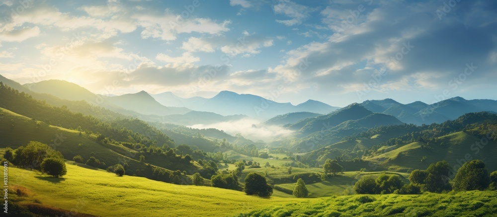 Poster sunlight casting a warm glow in the peaceful valley, consisting of lush greenery, with a clear and s