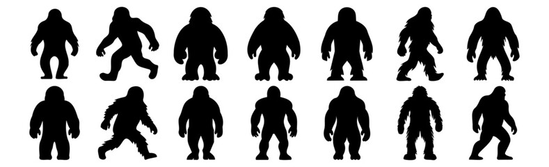 Bigfoot silhouettes set, pack of vector silhouette design, isolated background