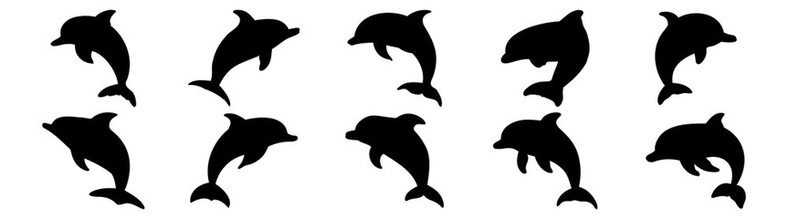 Dolphin silhouettes set, pack of vector silhouette design, isolated background