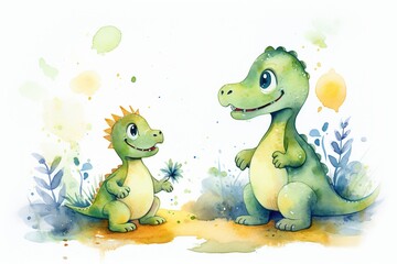Obraz premium green dinosaur watercolor cartoon animal nursery clipart isolated on white background