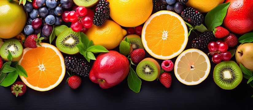 Vibrant assortment of fresh summer fruits creates a colorful organic food backdrop with copy space image.