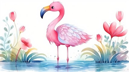 flamingo in flower garden summertime, watercolor cartoon animal nursery clipart isolated on white background