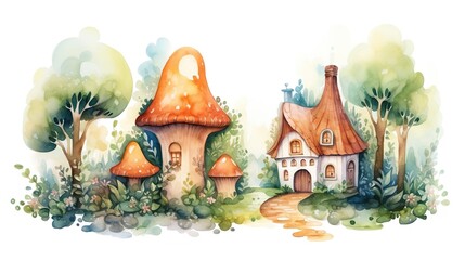 cute house in forest watercolor cartoon  nursery clipart isolated on white background