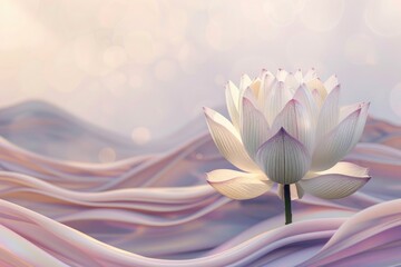 A lotus flower placed in front of gently undulating pastel waves, creating a soft and surreal background with space for copy