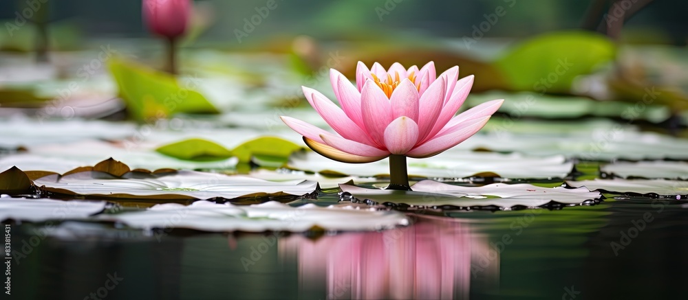 Leinwandbilder a blooming pink water lily amidst a pond with an empty space for adding an image. with copy space im