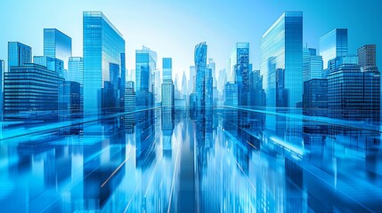 Abstract Cityscape with Glass Buildings and Skyscrapers in Blue Tones, Reflecting Urban Development and Business District. Photorealistic 3D Rendering Highlighting Modern Architecture