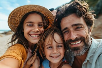 Fototapeta premium A close-up of a family taking a selfie at an iconic landmark during their vacation. The parents and children are beaming with happiness, capturing a memorable moment together. This image highlights