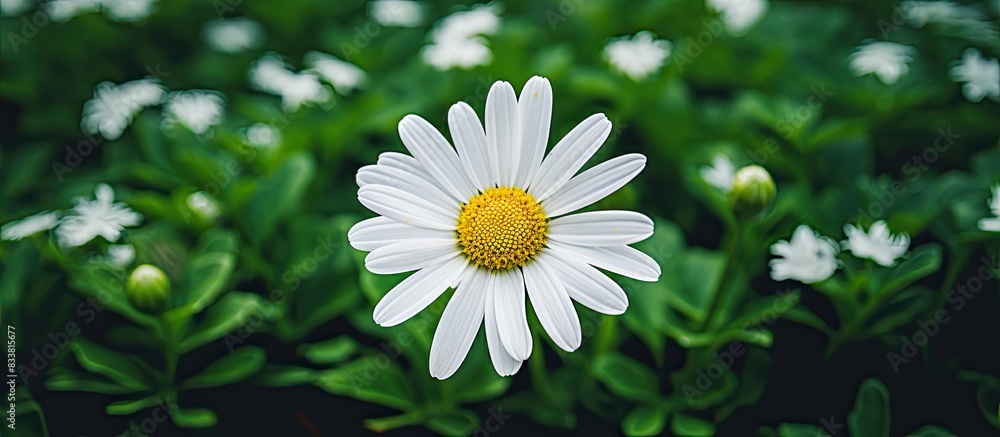 Fototapete a white daisy bloom against a backdrop of greenery, with space for including images. with copy space