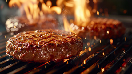 Juicy grilled beef burger meat patties sizzling on the barbecue with fire