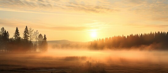 Naklejka premium Morning fog envelops the rising sun, creating a serene copy space image.
