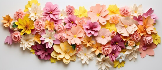 Paper flowers in yellow, pink, and green on a white background with a question mark for a copy space image.