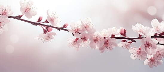 Obraz premium A stunning cherry blossom branch with a tree in the background, ideal for a copy space image.