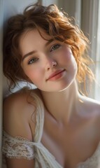 Naklejka premium Bathed in ethereal light, a woman leans towards the camera with a gentle smile, her cheeks aglow with subtle color. The simplicity of the scene highlights her natural, radiant beauty.