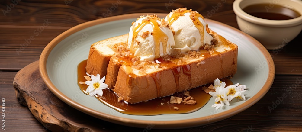 Fototapete wooden table with a white plate showcasing honey toast and ice cream, creating a visually appealing 