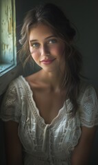 Fototapeta premium Bathed in ethereal light, a woman leans towards the camera with a gentle smile, her cheeks aglow with subtle color. The simplicity of the scene highlights her natural, radiant beauty.