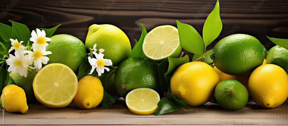 Aufkleber bright fresh lemons and limes in various colors attractively arranged on a wooden surface with flowe