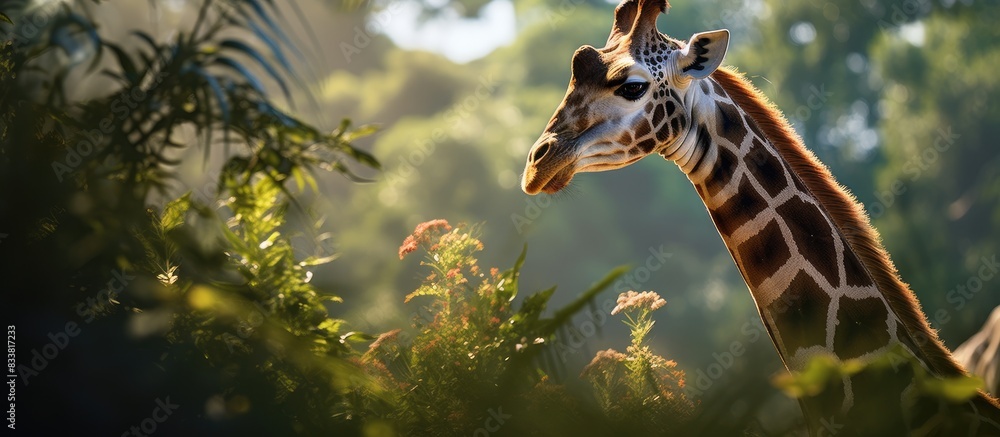 Poster a giraffe peacefully grazing on foliage in a tranquil natural setting with a serene backdrop, ideal 