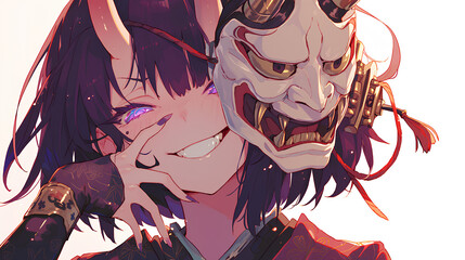 anime wearing smiling Japanese oni mask with simple background