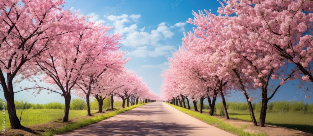 Poster a scenic view of a road lined with blooming spring trees under a clear blue sky, ideal for a copy sp