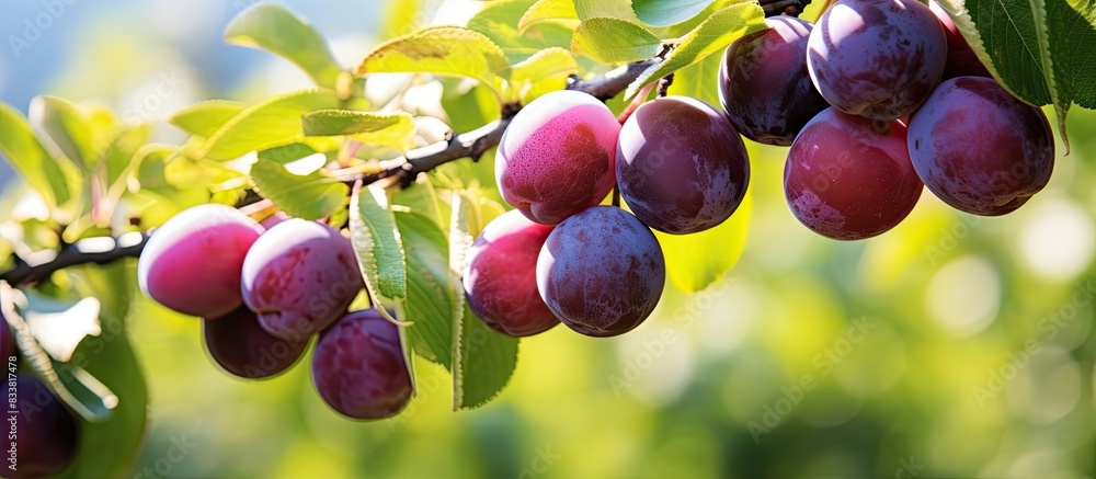 Poster harvest of ripe plums on the branch, with copy space image available.
