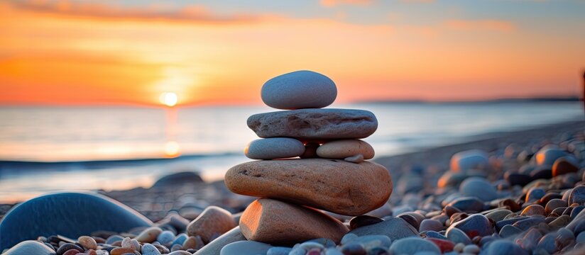 A small pile of rocks on the beach with the sunset casting a warm glow. Background intentionally blurred to allow for copy space image.