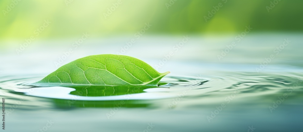 Poster macro image of a green leaf on water with copy space image.