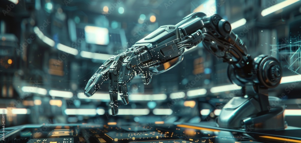 Poster illustrate a high-tech robotic arm in a laboratory setting