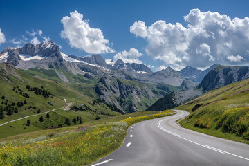 Naklejka premium Scenic mountain road winding through vibrant green valley. Concept of summer travel and natural beauty