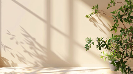 Light beige background with intricate shadows from window and vegetation for product presentation