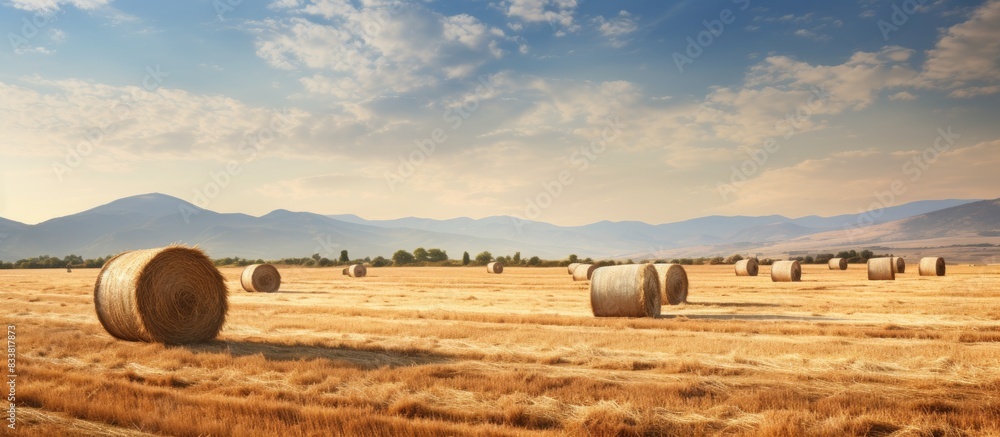 Aufkleber Autumn agricultural field with haystacks, providing a serene background in a rustic setting for a copy space image.