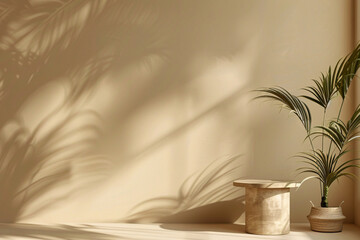 Minimalist beige wall showcasing delicate light and vegetation shadows, ideal for product display