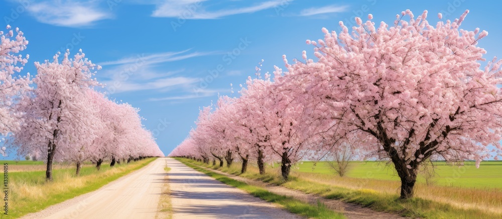 Poster a scenic view of a road lined with blooming spring trees under a clear blue sky, ideal for a copy sp