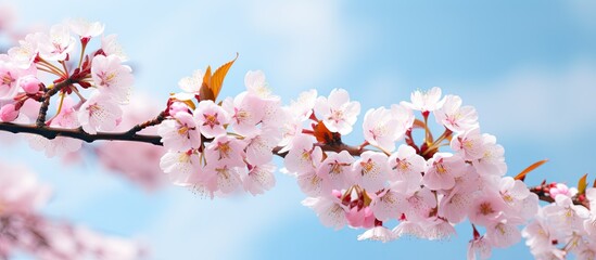 Obraz premium In springtime, pink branches bloom against a blue sky in a macro shot with a blurred background and selective focus, ideal for a copy space image.