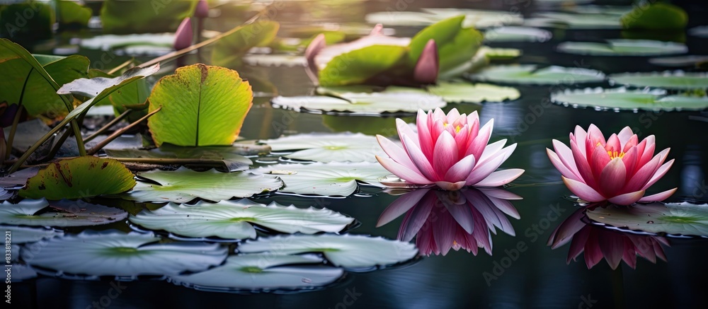 Poster design garden and landscape featuring a picturesque waterlily setting with copy space image.