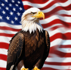 American bald eagle with american flag background