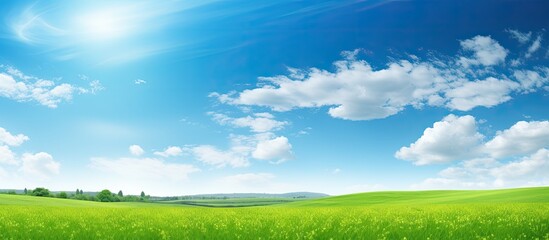 Sunny day with green field, blue sky, and sun in copy space image.