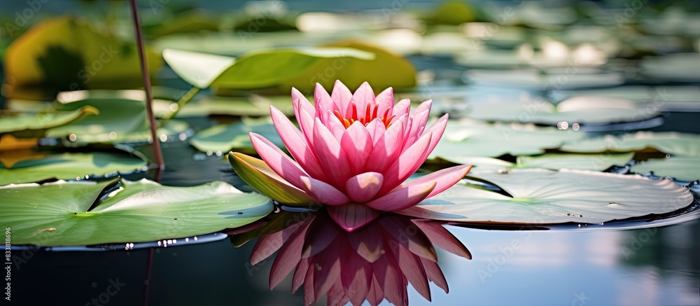 Poster A blooming pink water lily amidst a pond with an empty space for adding an image. with copy space image. Place for adding text or design