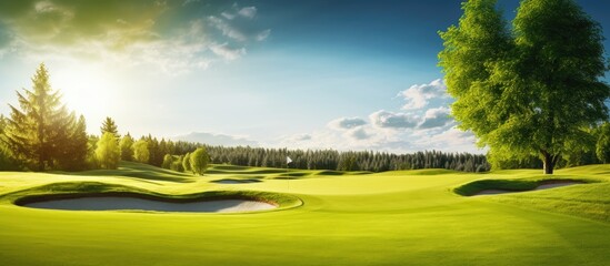 Sunny day on the golf course with a scenic view of the green, pin, and blue flag, set amidst lush trees with a background ideal for a copy space image.