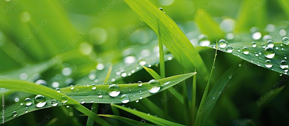 Poster close-up macro image of raindrops on clean green grass with ample copy space image.