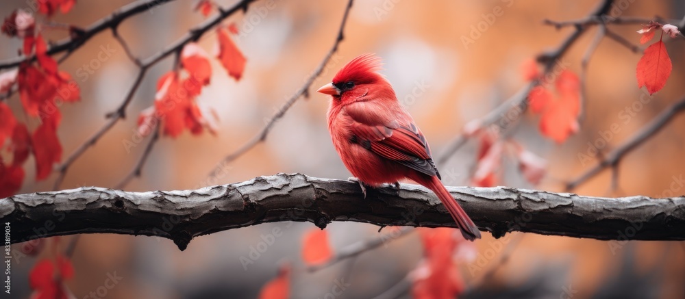 Poster A small crimson feathered bird perched on a branch in a scenic park with a beautiful background of trees, creating an ideal copy space image.